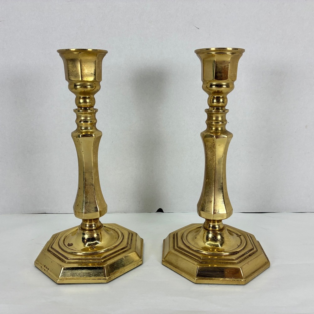 Vintage Valenti Brass Candlestick Pair Hexagon Base Made in Portugal Gold 7 inch